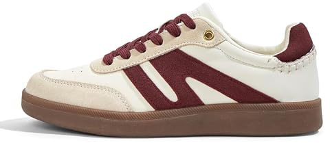 LUCKY STEP Women Classic Retro Gum Sole Fashion Sneakers Casual Tennis Skate Shoe Genuine Leather Walking Footwear Anti Slip Trainers (Beige/Red, 8US-38EU-5UK)