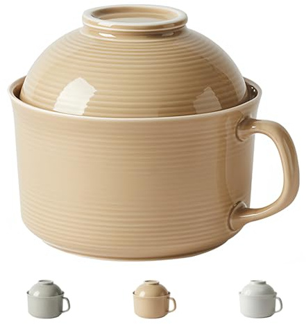 Dowbom Suppenschüssel mit Deckel, 1000 ml Porzellan-Ramenschüssel, Instant-Nudel, mikrowellengeeignet, große Suppentasse (Khaki)
