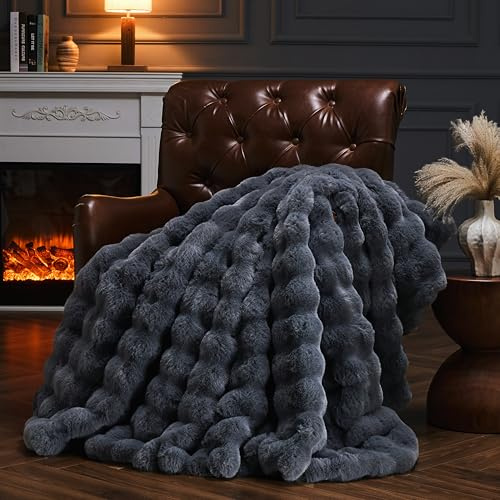 YBIKE Kunstpelz-Kuscheldecke mit Hase-Design Wurfdecke aus Blasenstoff 150x130cm, Luxuriöse Flauschige und Weiche Pelz-Sherpa Decke für Bett, Sofa, Couch (Grau)