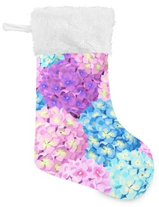 susiyo Hydrangea Flower Christmas Stocking 18 Inches Large Xmas Stocking Velvet Plush Fireplace Hanging Stocking Gift Holding Bag for Christmas Holiday Party Decor