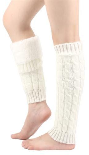 Damen Beinstulpen Winter Fleece Gefüttert Beinwärmer für Frauen Beinwärmer Strick mit Anti-Rutsch-Elastikmanschette, weiß, One size