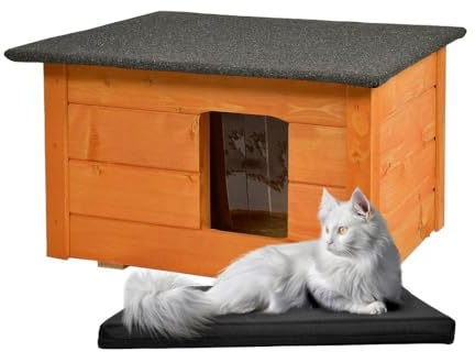 WOODOK Katzenset – Katzenhaus aus Holz mit Isolierung + Waschbare Katzenmatte – Komfortabler Rückzugsort für drinnen und draußen – Perfekt für Zuhause, Garten & Reisen - 54x39x34 cm