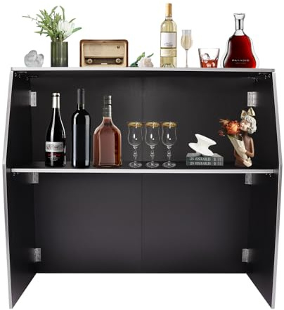 FURNITLEG Portable Folding Event Bar, Foldable Bar Cabinet with Top and Middle Shelves, Freestanding Portable Event Bar Table for Parties Picnics Barbecues Events, Aluminum Edge, Black & White