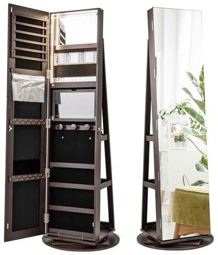 COSTWAY Schmuckschrank mit Ganzkörperspiegel, LED Spiegelschrank rahmenlos, Schmuck-Organizer 360° drehbar & abschließbar, Schmuckaufbewahrung (Dunkelbraun)