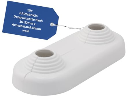 BADfabrik24 Doppelrosette flach 10–22 mm – zweiteilig, Achsabstand 50 mm, Kunststoff weiß – Abdeckrosette für Rohrabdeckung Heizung & Sanitär – sauberer Wandabschluss – 10 Stück