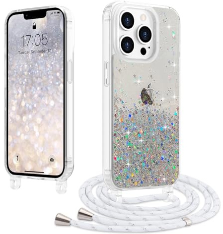 LCHULLE Handykette Kompatibel mit iPhone 13 Pro Hülle mit Band Glitzer Handyhülle mit Kordel Transparent Schutzhülle mit Einstellbar Kette Silikon Case für iPhone 13 Pro Transparent