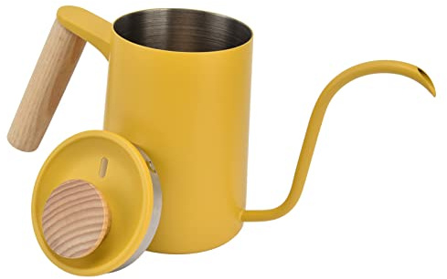 BRRNOO Elektrisk Vattenkokare, Svenhalskokare med Valnöthandtag och Grythandtag Lång Mun Venhalsspruta Hand Kaffemakare Gul Te Vattenkokare Spovetop för Spis, Inklusive Gasspis, (600 ml)