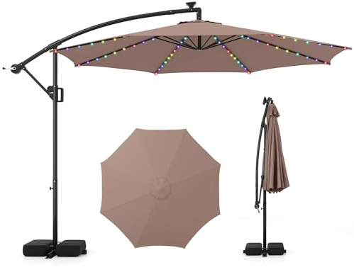 GOPLUS Sonnenschirm 300cm mit LED Leuchten, 9 Modi, 360° drehbarer versetzter Ampelschirm mit Ständer & Sandsäcken, neigbarer Terrassenschirm mit Kurbel, Gartenschirm für Pool & Terrassen, Braun