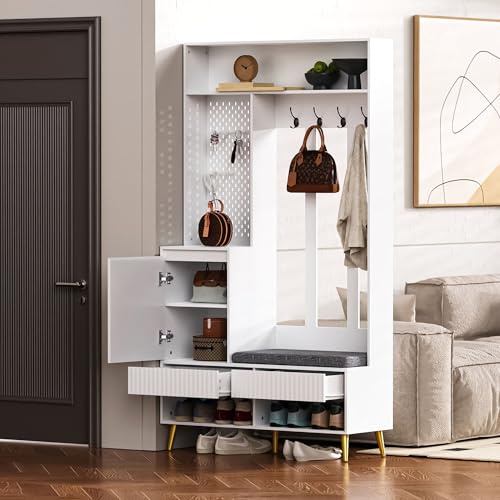 Kebnor Garderoben-Set, Wandgarderobe, Flurgarderobe Set mit Schuhbank, Garderoben Set mit 4 Kleiderhaken, Zwei Schubladen und 1 Türen, (Weiß, 100 x35x180cm)