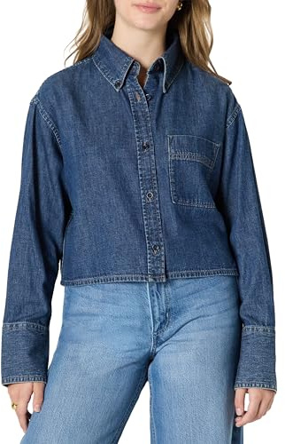 Amazon Essentials Women's Modern Oversized-Fit Cropped Denim Button-Down Shirt, Medium Blue Vintage, Large