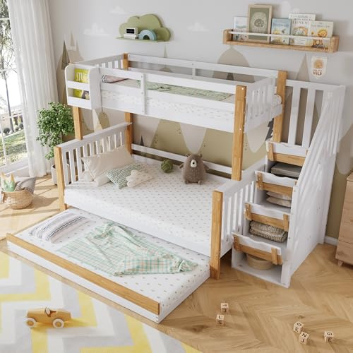 Huayz Letto a castello 90/120 x 200 cm, lettino con protezione anticaduta e griglia, letto a castello con scala angolare, letto in legno con letto a rotelle, progettato con tre posizioni, letto per
