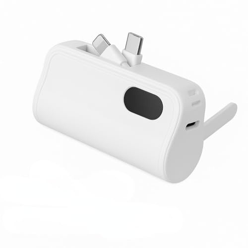 Mini Batterie Externe Powerbank -2 câbles retractables-5000mAh-support téléphone intégré-Charge Rapide (Blanc)