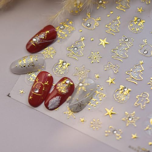 JMEOWIO 3D Nagelsticker Weihnachten Gold Nail Art Sticker Selbstklebend Nagelaufkleber 5D Stereoskopisch Dekoration Nageldesign Zubehör 1 Blatt
