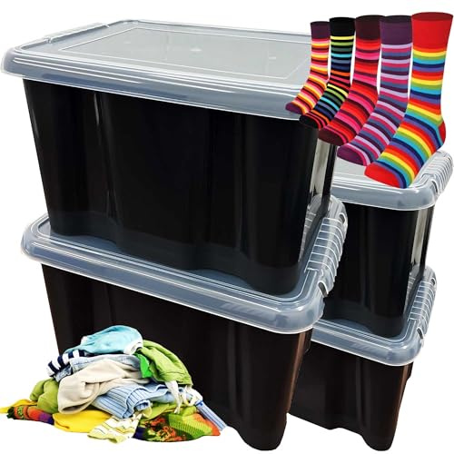 Plastic Storage Boxes Pack of 5 (24 Litre) Black Box With See Through Lids Strong Stackable Box Container For Bedroom, Garage & Office