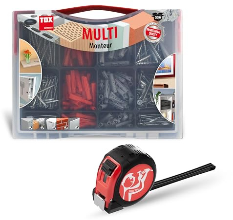 TOX Sortiment Monteur Multi (336-tlg.) + 5m Rollmaßband, Allzweckdübel TRI und Spreizdübel Barracuda (5, 6 und 8 mm), inkl. Schrauben und Maßband, Dübel für fast alle Baustoffe, 094909136