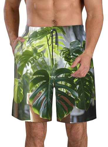 FBGHHTY Monstera Deliciosa Short de plage élégant pour homme Imprimé palmier banane Séchage rapide Respirant Vacances Occasion extérieure, blanc, XXL