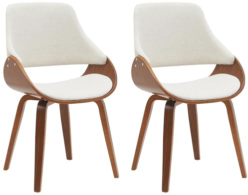 CLP Sillas Comedor Juego de 2 Vangale, con reposabrazos y Respaldo, Acolchadas, Base de Madera Curvada Color Nogal, Color:Nuez/Crema, Material:Tela