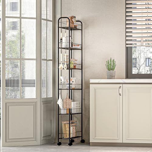 HAUSPROFI Küchenregal Schmal, 6 Etagen Regal mit Rollen, 4 Abschließbaren Rädern und Fußpolstern, 6 Haken, Griff und Korb, für Enge Räume wie Küche, Badezimmer usw., Schwarz (58,0 × 15,3 × 155,5 cm)