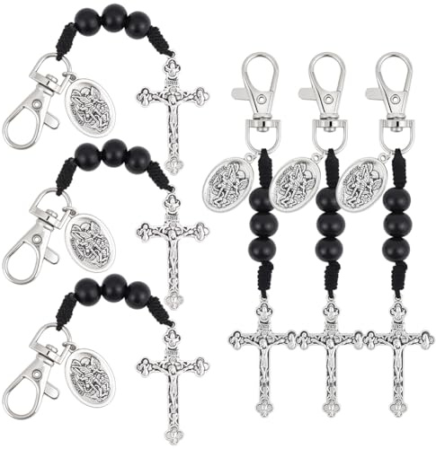 FREEBLOSS 6Pcs Cross Rosary Keychain Vintage Metal Cross Keychain Charm with Wooden Beads for Men and Women, Backpack Purse Charm 5.3 Long