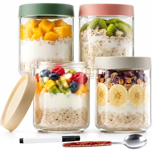 4Pack Overnight Oats Jar with Lids,500ml Glass Overnight Oats Container | with Spoon and Erasable Pen for Make-Ahead Breakfast Yogurt Fruit Milk Cereal Salad