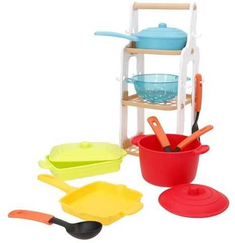 ColorBaby Play Set de Cocina Infantil, 13 Piezas, Incluye estantería de Tres Niveles, Ollas con Tapa, Sartén, Colador y Utensilios, Juego simbólico, Juguete imitación, Desde 24 Meses (39615)