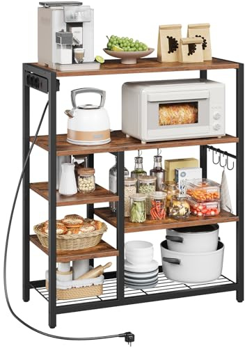 HOOBRO Küchenregal mit Steckdosenleiste (3 AC-Steckdosen mit Schalter), Standregal, Mikrowellen-Regal mit 3 abnehmbaren S-Haken, 5 Ebenen, für Küche und Wohnzimmer, Vintagebraun und Schwarz EBF25CHB01