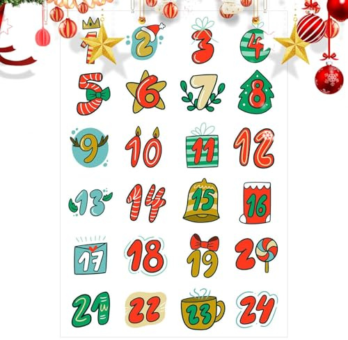 Ranley Calcomanías de Navidad para tarjetas, calcomanías de cuenta regresiva de Navidad, 1-24 etiquetas de sellado de números, calendario de cuenta regresiva para botella de agua, festival de invierno
