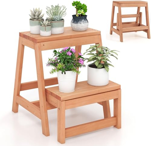 RELAX4LIFE Tabouret Escabeau Pliant 2 Niveaux, Échelle Portable Multifonction 2 Marches en Bois pour Plantes, Travaux Ménagers pour Maison Chambre Cuisine