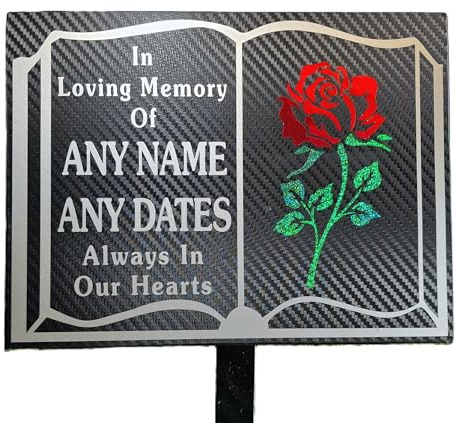 Personalised Memorial Book Plaque, In Loving Memory Grave Marker with Stake, Customisable Name and Dates, Multiple Verse Options (Rose Design 1)