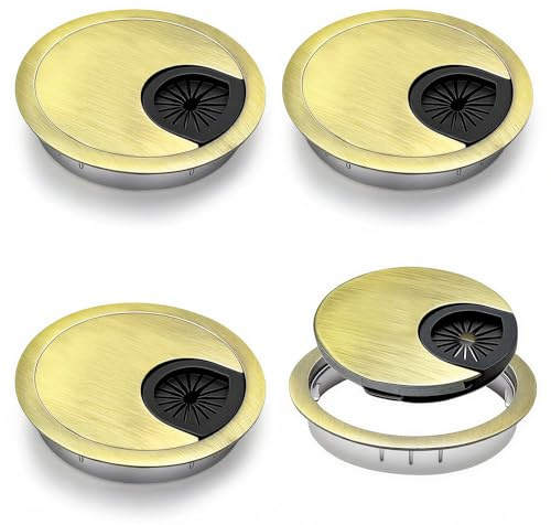 WJUAN 4 Piezas Pasacables Mesa, Ø57-60 mm Pasacables Escritorio Redondo, Aleación de Zinc Tapa Pasacable Encastrable en Mesa, Organizador Cables Bronce, para Escritorios, Mesas Trabajo, Muebles de TV