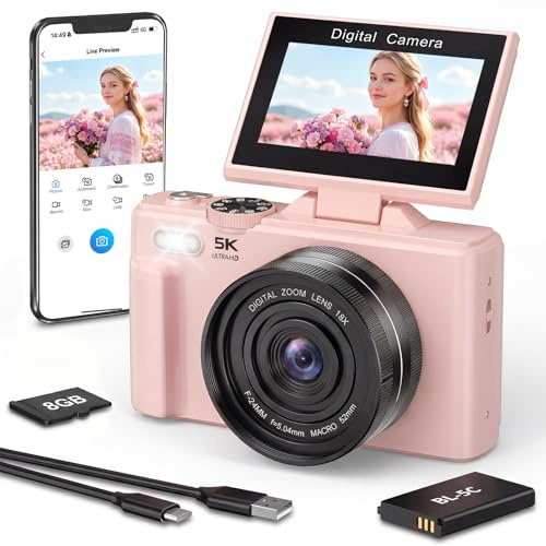 5K Appareil Photo avec WiFi, Écran Retournable pour Selfies, Débutants Rose