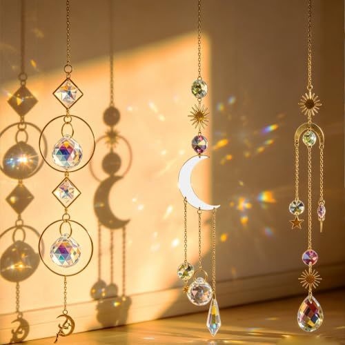 PYSEOSISE 3 Piezas Atrapasueños de Cristal, Atrapasoles de Cristal, Estrellas y Luna Sun Catcher y Captador de Sol para Ventana Casa Oficina Jardín y Exterior Protegido