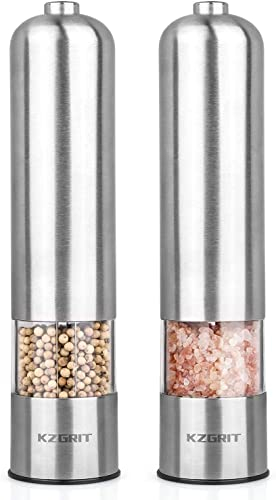 KZGRIT Molinillo de Sal y Pimienta Eléctrico, Batería Funcionado, Cuchilla de Molienda de Cerámica, Molino Acero Inoxidable Automático con Luz LED y Tosquedad Ajustable(Juego de 2, Plata)