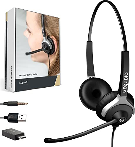 GEQUDIO [3in1] företagsheadset med USB-A, USB-C och 3,5 mm-uttag kompatibelt med PC, Mac och smartphone - ersättningsdynor för hörlurar och mikrofon - särskilt lätta 80g