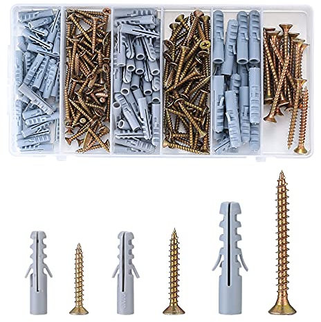 249 Pcs Assorted Chipboard Screws Nails and Wall Plugs Assortment, Fish Type Wall Plug Plasterboard Fixings, Countersunk Chipboard, Wood Screws Anchors, M3.5/M4/M5/M6/M8