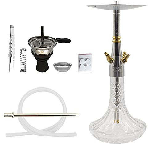 Skynet® 722 Reloaded Edelstahl Shisha Kompletts | 4 Schlauchanschlüsse | ca. 54 cm groß | Silikonschlauch mit Mundstück | Shisha Steinkopf mit Aufsatz | 18/8 Schliff (Edelstahl) | Zubehör