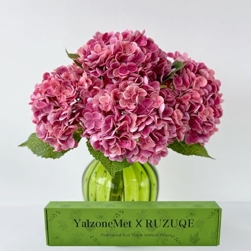 YalzoneMet 3 hortensias artificiales de 21 pulgadas, color rojo rosa, natural, realista, de tacto real, flores de imitación grandes, hortensias magenta para el hogar, baby shower, fiesta, boda,