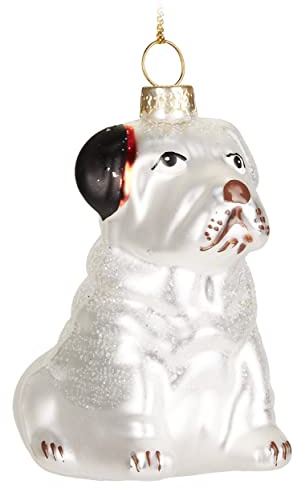 BRUBAKER Englische Bulldogge Weiß mit Weihnachtsmütze - Handbemalte Weihnachtskugel Hund aus Glas - Mundgeblasener Christbaumschmuck Figuren Lustig Deko Anhänger Baumkugel - 7,9 cm