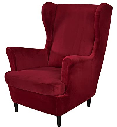 PENDEJATO Wing Chair Slipcovers, 2 Piece Stretch Wingback Chair Cover Soft Velvet Armchair Covers with Elastic Bottom for Living Room Bedroom (Wine red)