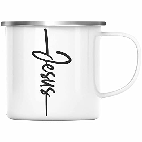 Trendation - Jesus Christus Emaille Tasse Bibel Geschenk Kreuz Glauben Kirche Christliche Geschenkidee (Silber)