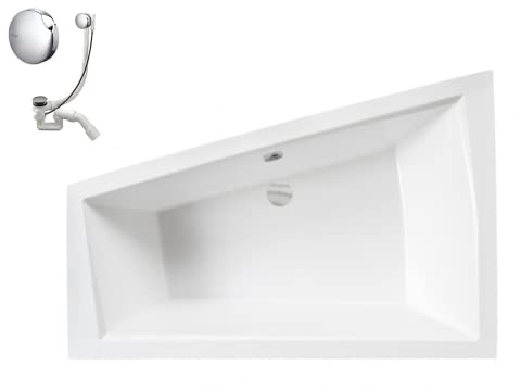 VBChome Badewanne 180x125 cm Acryl SET Schürze Siphon Wanne Ecke Eckbadewanne Weiß Design Modern Ablaufgarnitur Viega Simplex Wanne links Schürze Ablaufgarnitur Füße Badewanne für zwei