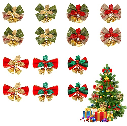 14 Piezas Lazo Navideño con Campanas Arcos Decorativos de Navidad Mini Navidad Guirnaldas Arcos Lazos de Árbol de Navidad con Campanas Lino Lazos con Campanas Ornamento Artesanía por Fiesta Decor