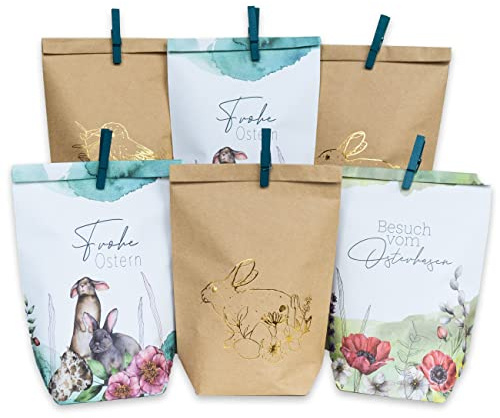 Papierdrachen 12 bedruckte Geschenktüten zu Ostern - Aquarell mit Goldfolierung - ideale Geschenkidee oder Oster Dekoration - mit Holzklammern | Osternest zum Basteln und Verschenken - Set 8