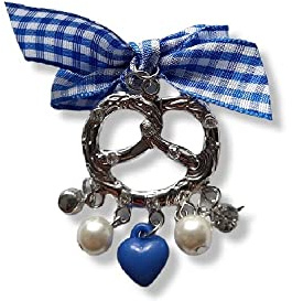 Brosche Anstecknadel Pin Oktoberfest Wiesn Brezel Schleife Perle Strass Herz Blau