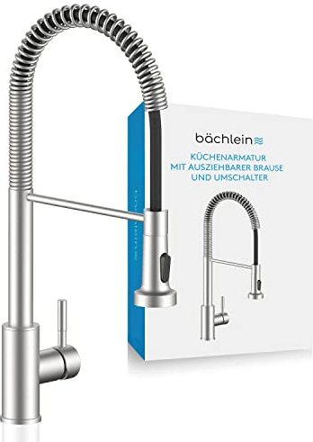 Bächlein Küchenarmatur Nedo – 360 Grad schwenkbar (gebürsteter Edelstahl) – Einhand-Spültischbatterie aus Edelstahl mit flexiblem Hals und Brause mit Umschalt-Taste, Wasserhahn für die Küche