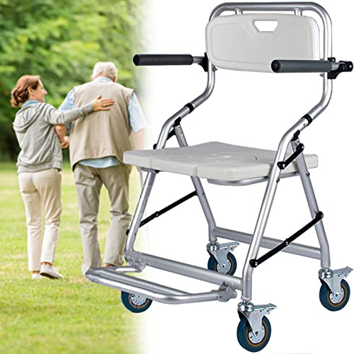 Duschstuhl Duschhocker für Senioren mit Rollen, Klappbar Duschsitz mit Armen und Rücken, Badhocker für Dusche - 4 Räder mit Bremse, U-förmiger Sitz, Belastung 120 kg