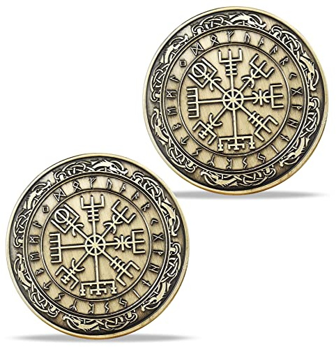 Norse Viking Mjolnir Coin Thor's Hammer Coin Nordischer Mythologie Talisman (Vegvisir Coin (Viking Compass))