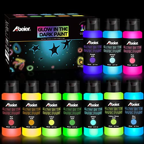 ABEIER Nachtleuchtend Acrylfarben, 10 leuchtende Farben (60 ml), Schwarzlichtfarbe, Glow in The Dark Farbe, fluoreszierende Farbe, ideal für DIY-Projekte, Halloween, Weihnachtsdekorationen
