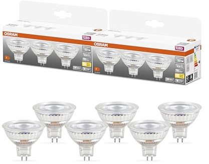 OSRAM Niedervolt-LED-Reflektorlampen MR16 mit Retrofit-Stecksockel, 50 Watts Ersatz, GU5.3, 2700 Kelvin, Glass, 6-er Pack, Dark Gray, 2700k Warmweiß