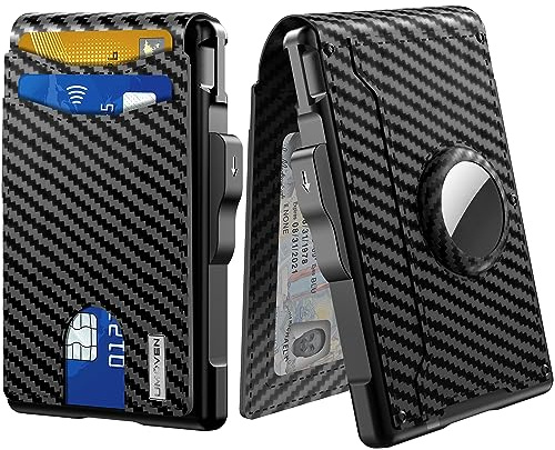umoven AirTag Wallet for Men - with Pop Up Aluminum Case Money Clip Slim Leather Slots Credit Card Holder RFID Blocking Bifold Minimalist Wallet with Gift Box (Carbon Fiber)